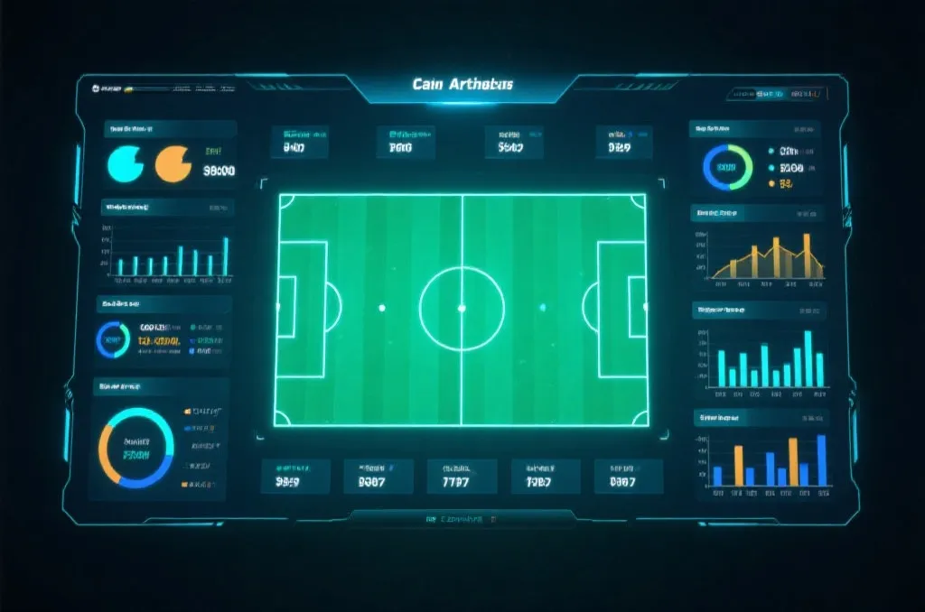 An abstract digital graphic displaying soccer match statistics and futuristic UI elements